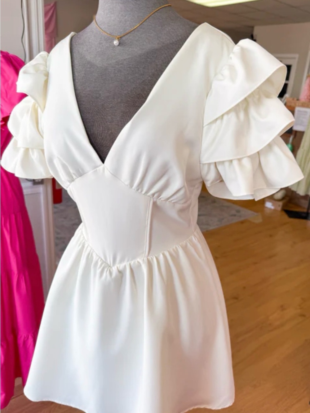 Ivory Ruffle-Sleeve V-Neck Mini Dress with Romper Lining